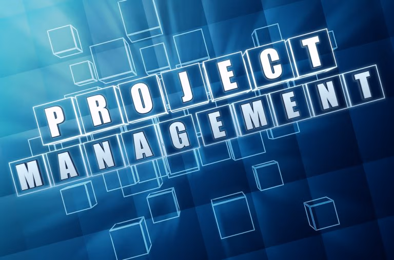 Lead project management teams article. Project management - text in 3d blue glass cubes with white letters, business concept.