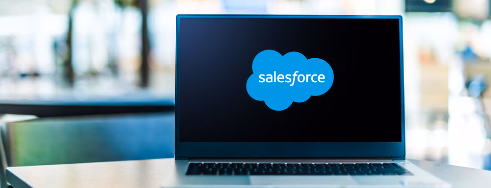 Laptop computer displaying logo of Salesforce.com